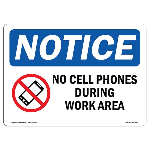Safety Sign, OSHA Notice, 18" Height, No Cell Phones During Work Hours Sign With Symbol, Landscape